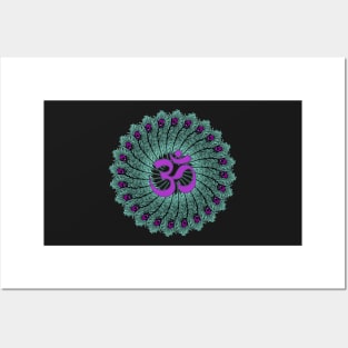 Yoga Om symbol Aum Peacock Feather Mandala Posters and Art